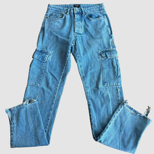 BoohooMAN Cargo Jeans Mens 30 Blue Y2K Utility Distressed Denim Streetwear Wide!
